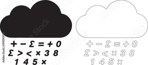 Black and white cloud shapes with mathematical symbols and equations