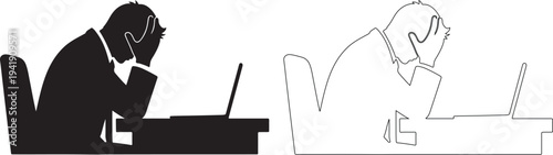 Silhouette of a man sitting at a desk with a laptop computer