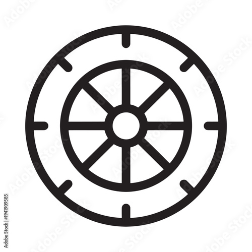 Simple black and white line drawing of a circular wagon wheel