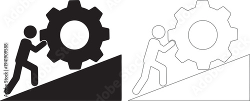 Black and white illustrations of people pushing gearwheels up slopes