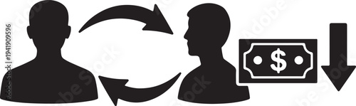 Silhouette of banknote with vertical downward arrow, money decrease icon, black and white vector glyph.