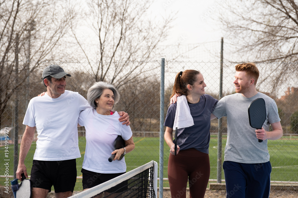 Naklejka premium Four happy people walking on a pickleball court after playing a game, enjoying time together