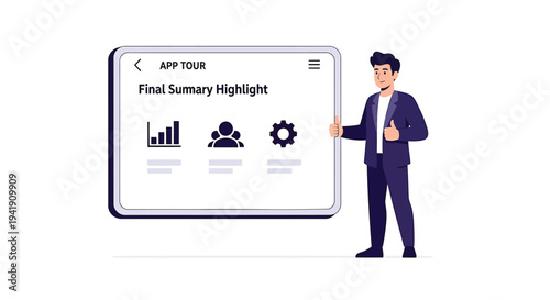 Vector illustration of businessman presenting app tour summary