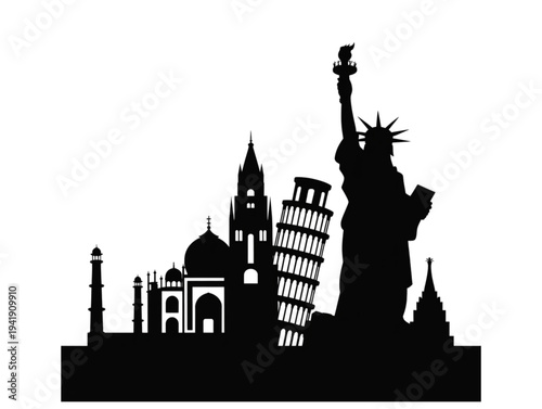 Black silhouette of world famous landmarks, including Statue of Liberty, Pisa and Taj Mahal for travel concept