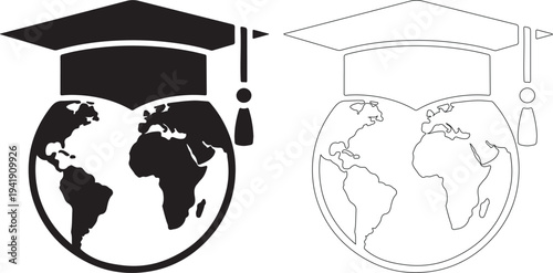 Graduation cap on a globe earth symbolizing global education and learning