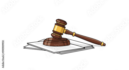 A brown wooden judge's gavel rests on its sound block, which is placed on a smaller stack of legal documents, all on a white background.
