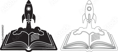 Black and white line art of a rocket launching from an open book