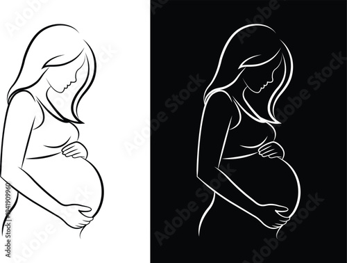  A pregnant woman gently embracing her baby bump line icon