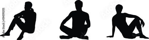 Three men sitting in different meditative poses against a minimalist white background