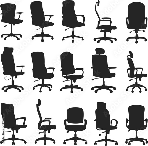 Set of black and white office chair silhouettes in various ergonomic designs