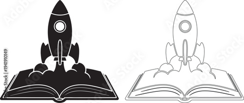 Black and white line art of a rocket emerging from an open book