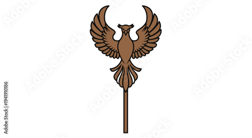 A stylized brown phoenix bird with outstretched wings and intricate tail feathers is mounted on a slender vertical pole on a plain white background.