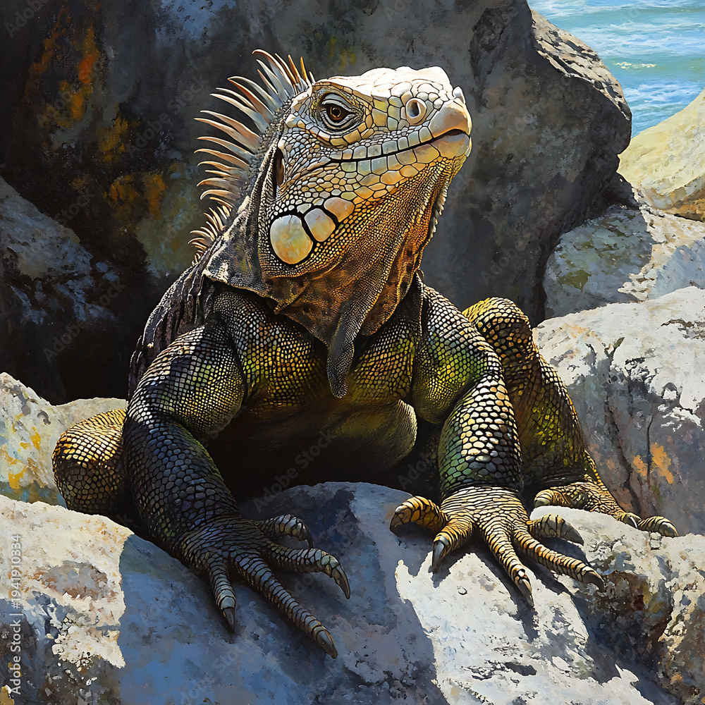 Fototapeta premium Beautiful Iguana Reptile Resting On Cliff Under Clear Blue Sky high resolution picture