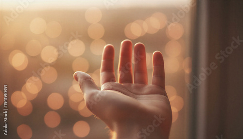 Open palm hand reaching toward warm light with soft bokeh background. Concept of hope, support, receiving help, and human connection.