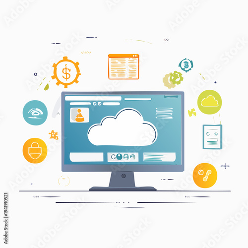 Cloud Computing Monitor with Icons and Symbols.