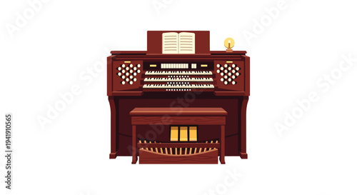 A grand, dark brown pipe organ with multiple keyboards, a pedalboard, and an open music book on its stand is presented with a matching bench on a white background.