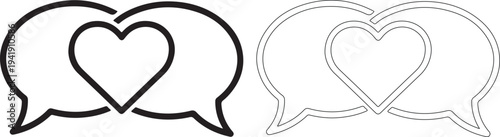 Two chat bubbles with heart symbol in black and dotted line styles