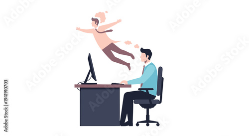 Vector illustration of man jumping for joy at office desk