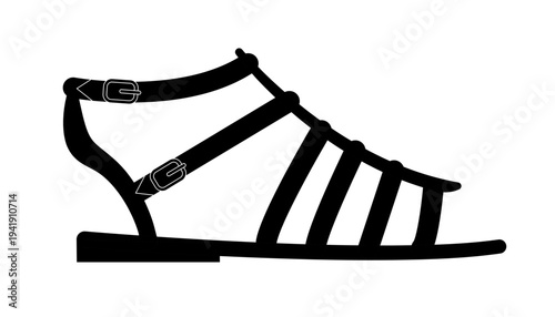 Black silhouette of a gladiator style sandal with multiple straps and buckles. Vector illustration of summer footwear isolated on a white background.