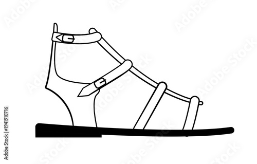 Line outline illustration of a gladiator sandal with straps and buckles. Vector footwear icon isolated on a white background.