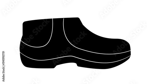 Black silhouette of rubber galoshes with high back and thick sole. Minimal vector illustration of waterproof protective footwear isolated on white background.