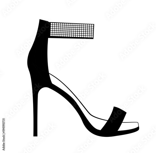 Outline vector illustration of a women’s high heel sandal with ankle strap and stiletto heel. Elegant open toe fashion footwear isolated on white background.
