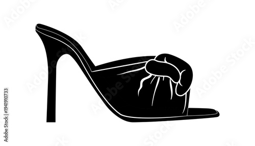 Black silhouette of elegant high heel mule sandals with decorative bow. Vector illustration of fashionable female footwear isolated on a white background.