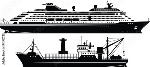 Luxury cruise ship and industrial cargo vessel silhouette illustration set representing maritime travel, transportation and global shipping industry
