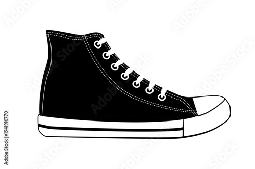 Black silhouette of a classic high top sneaker with rubber toe cap and laces. Vector illustration of casual canvas footwear isolated on white background.