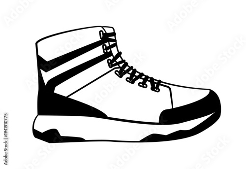 Black silhouette of a high top sport boot with laces and side stripes. Vector illustration of athletic footwear isolated on white background.