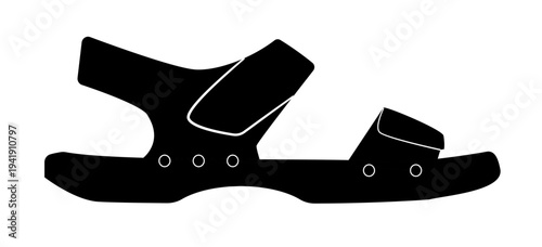 Black silhouette of a kids sandal with wide straps and ventilation holes. Vector illustration of comfortable summer footwear isolated on white background.