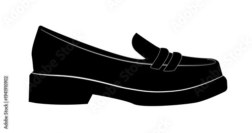 Silhouette illustration of mens penny loafers with strap across vamp and thick sole. Classic male footwear vector illustration isolated on white background.