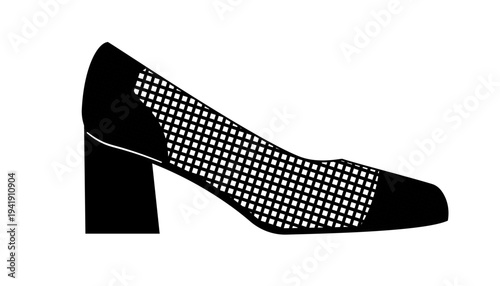 Silhouette illustration of women pumps with mesh upper and block heel. Stylish fashion footwear vector illustration isolated on white background.