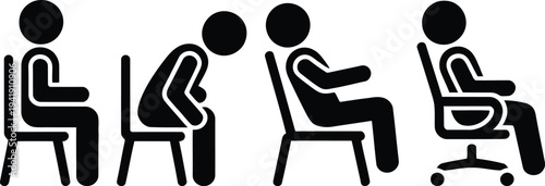 Illustration of people sitting in various postures on office chairs.