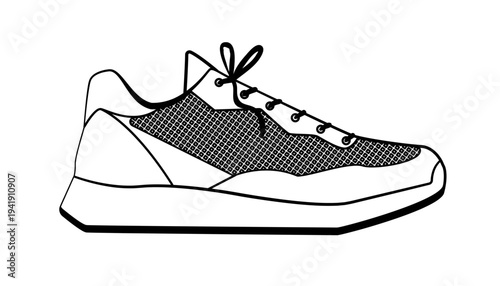 Outline vector illustration of running sneaker with breathable mesh upper and lace closure. Modern sport footwear isolated on white background.