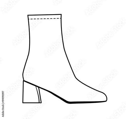 Line outline illustration of ankle boots with mid block heel and slim shaft. Fashion footwear vector illustration isolated on white background.