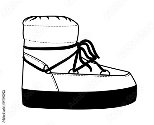 Outline vector illustration of winter moon boot with thick platform sole and lace fastening. Warm snow footwear isolated on white background.