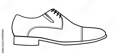 Outline vector illustration of classic oxford shoe with cap toe and closed lacing. Elegant formal mens footwear isolated on white background.
