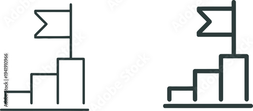 Silhouette of two abstract flag designs on poles with geometric shapes