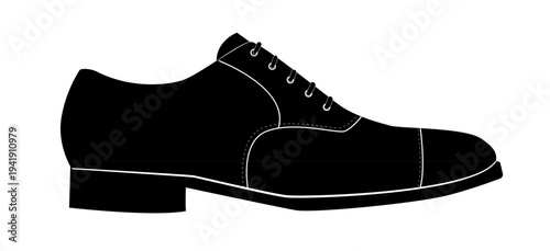 Black silhouette of classic oxford dress shoe with cap toe and closed lacing. Vector illustration of elegant formal footwear isolated on white background.