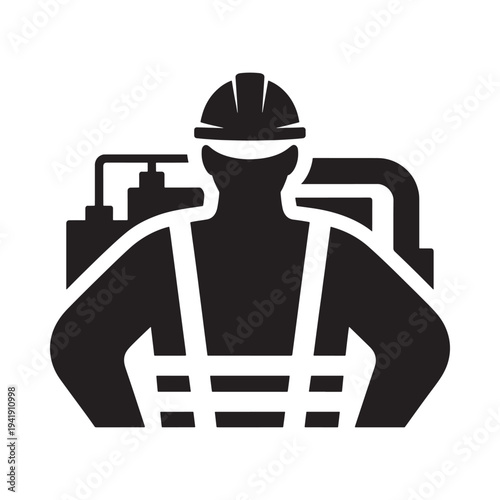 Black silhouette of a worker with a backpack and protective helmet