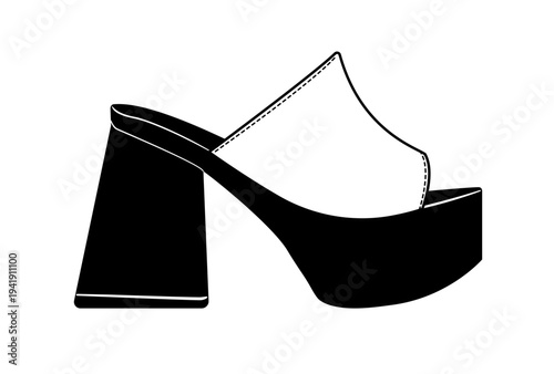 Black silhouette of platform high heel shoe with thick sole and block heel. Vector illustration of fashionable footwear isolated on a white background.
