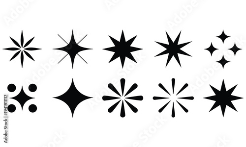 Collection of unique vector star shapes in black on white background for graphic design use in various creative projects and applications