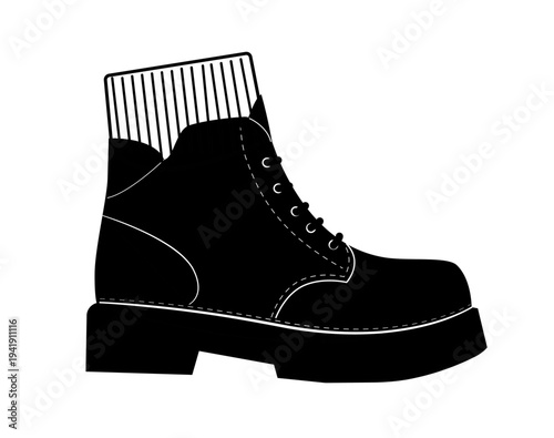 Silhouette illustration of platform combat boots with lace up design and knit sock upper. Modern fashion footwear vector illustration isolated on white background.
