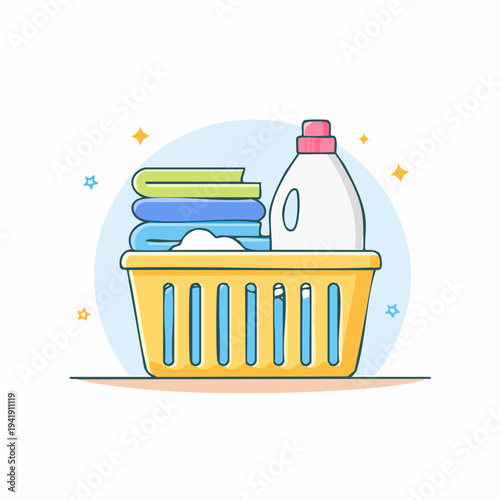 Laundry Basket with Detergent and Clothes.