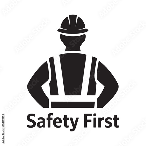 Silhouette of construction worker with safety gear and text message