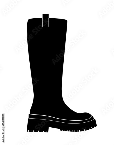 Silhouette illustration of knee high platform boots with thick lug sole. Modern fashion footwear vector illustration isolated on white background.