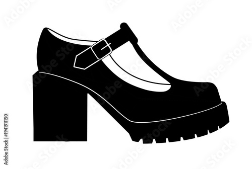 Black silhouette of platform Mary Jane heels with buckle strap and thick lug sole. Vector illustration of fashionable female footwear isolated on a white background.