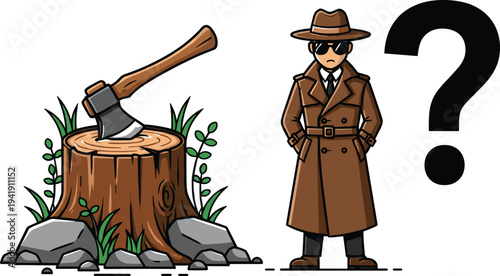 Mysterious Detective in Trench Coat Standing Near an Axe Embedded in a Tree Stump with Large Question Mark for Mystery and Investigation Concepts