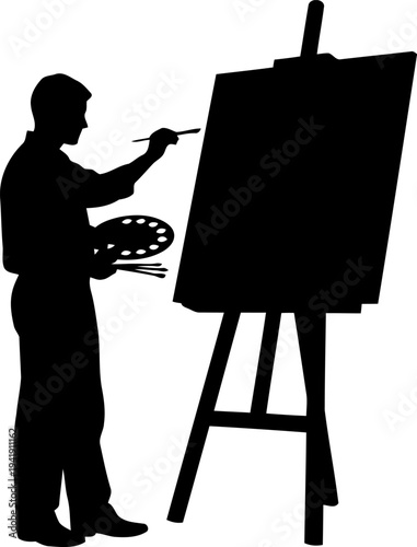 Male painter working on easel silhouette.